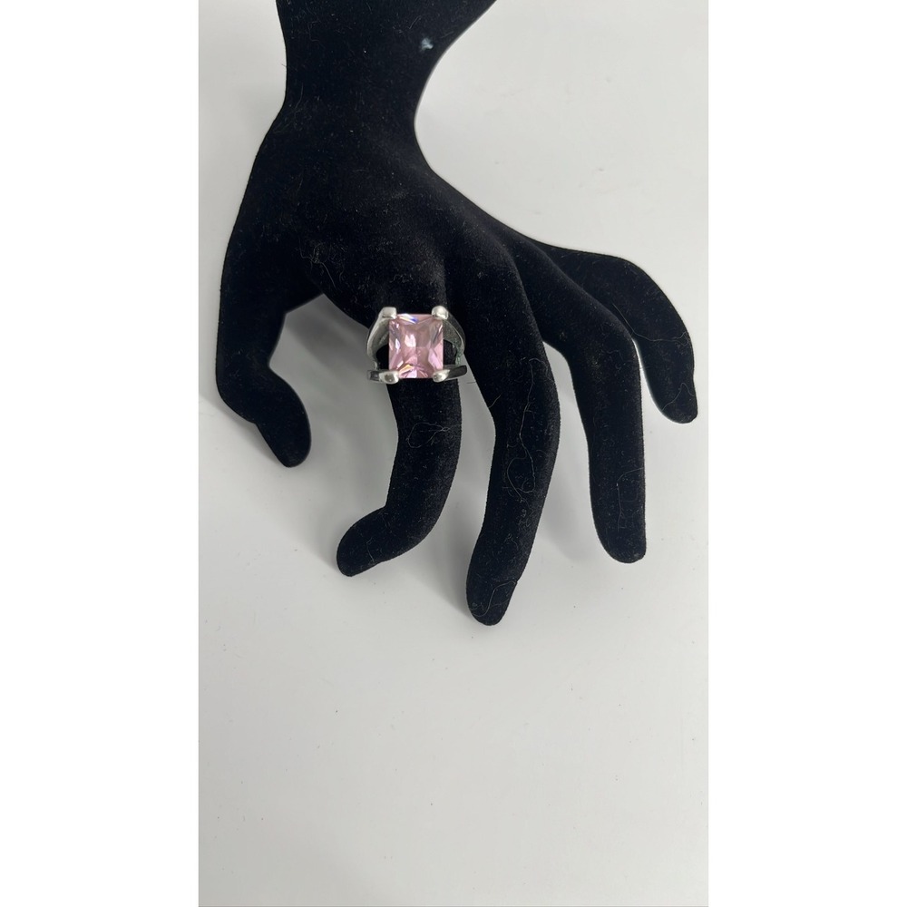 LST Pink Emerald Cut Stone Statement Ring Silver Tone Wide Split Band Modernist‎